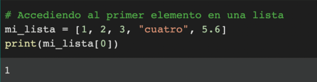 acceder primer elemento lista https://www.pontia.tech/python-listas-tuplas-diccionario/