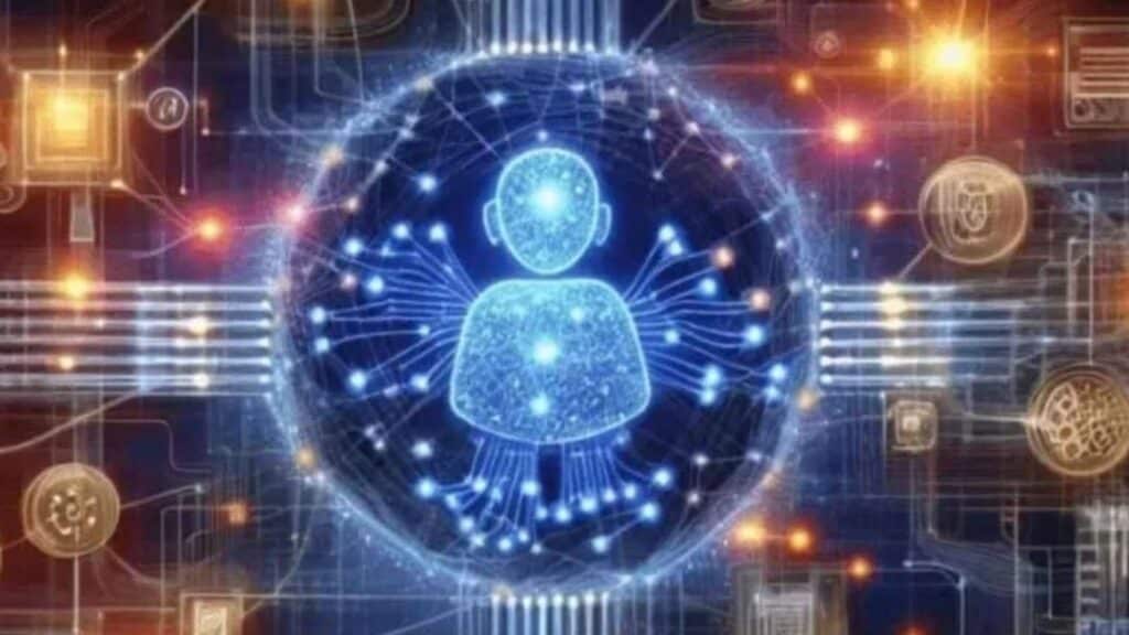 Interfaz digital representando el análisis de datos con inteligencia artificial y visualización de datos futuristas.