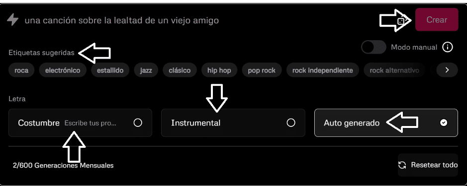interfaz de Udio para editar canciones