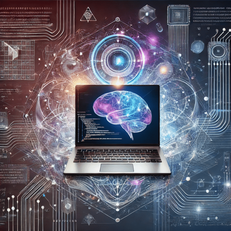 Laptop con código y cerebro digital, representando el uso de IA para programar