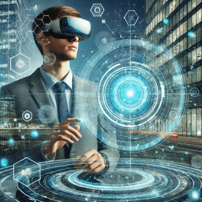 Ejecutivo usando gafas de realidad aumentada con interfaz digital futurista impulsada por inteligencia artificial.