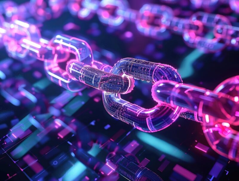 Representación digital de una cadena de bloques futurista con eslabones luminosos en tonos púrpura y azul, sobre un fondo tecnológico