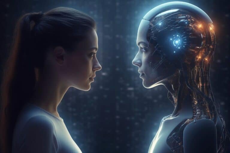 Representación visual de una mujer frente a un androide futurista, simbolizando la comparación entre Gemini vs ChatGPT.