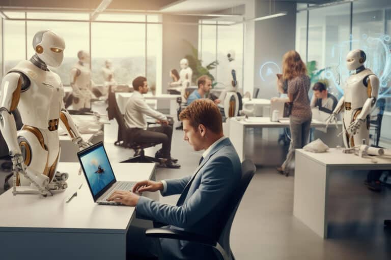 Profesionales trabajando en oficina moderna mientras la inteligencia artificial transforma el sector laboral. El impacto de la IA