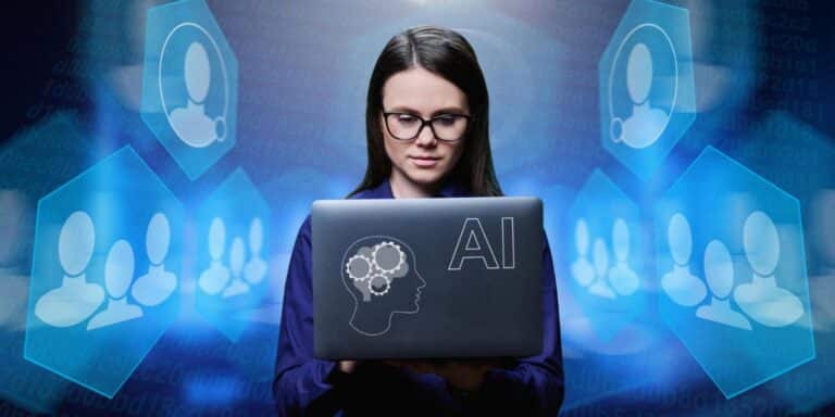 Especialista en IA frente a una interfaz digital con elementos tecnológicos representando inteligencia artificial